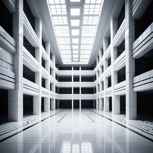 Prompt: an multistory expansive scifi plaza of interconnected rooms and corridors. humid climate, spacious, massive greek style arena. brightly lit. the walls, ceilings, and floors of the level all appear to be constructed from the same white ceramic scifi tile. light is cast from irregular angles. 