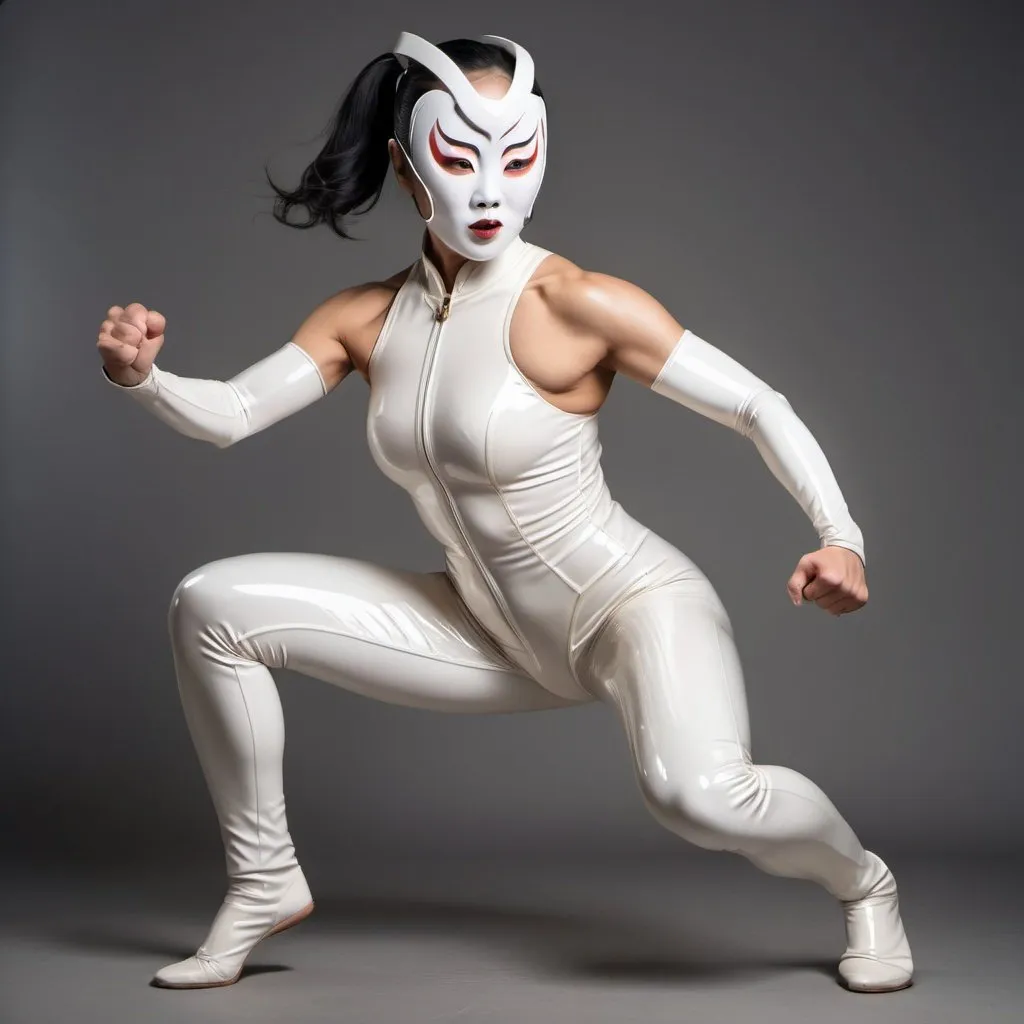 Prompt: 35year old muscular asian mom wearing a shiny white latex bodysuit in kungfu fighting pose, photorealistic style, excited face, wearing a scifi geisha mask. crazy expression, full body picture.
