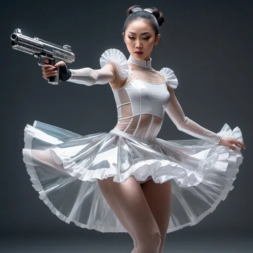 Prompt: Futuristic 30year old Athletic Asian ballerina maid in shiny high cut clothes with sci-fi tactical gear, aiming a sci-fi gun, realistic painting. Twirling ballet. Curvy. Transparent ruffled skirt.