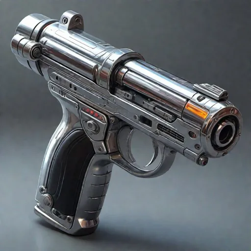 Prompt: High-quality, 1940s (style), realistic digital painting of a futuristic energy blaster, short, round, cylindrical, shiny, stainless, chrome metallic body, all metal, reflective shell, intricate circuitry details, sleek chrome metallic body, energy pulsating, sci-fi, cyberpunk, weapon design, futuristic technology, detailed shadows and highlights, advanced concept art, professional, atmospheric lighting