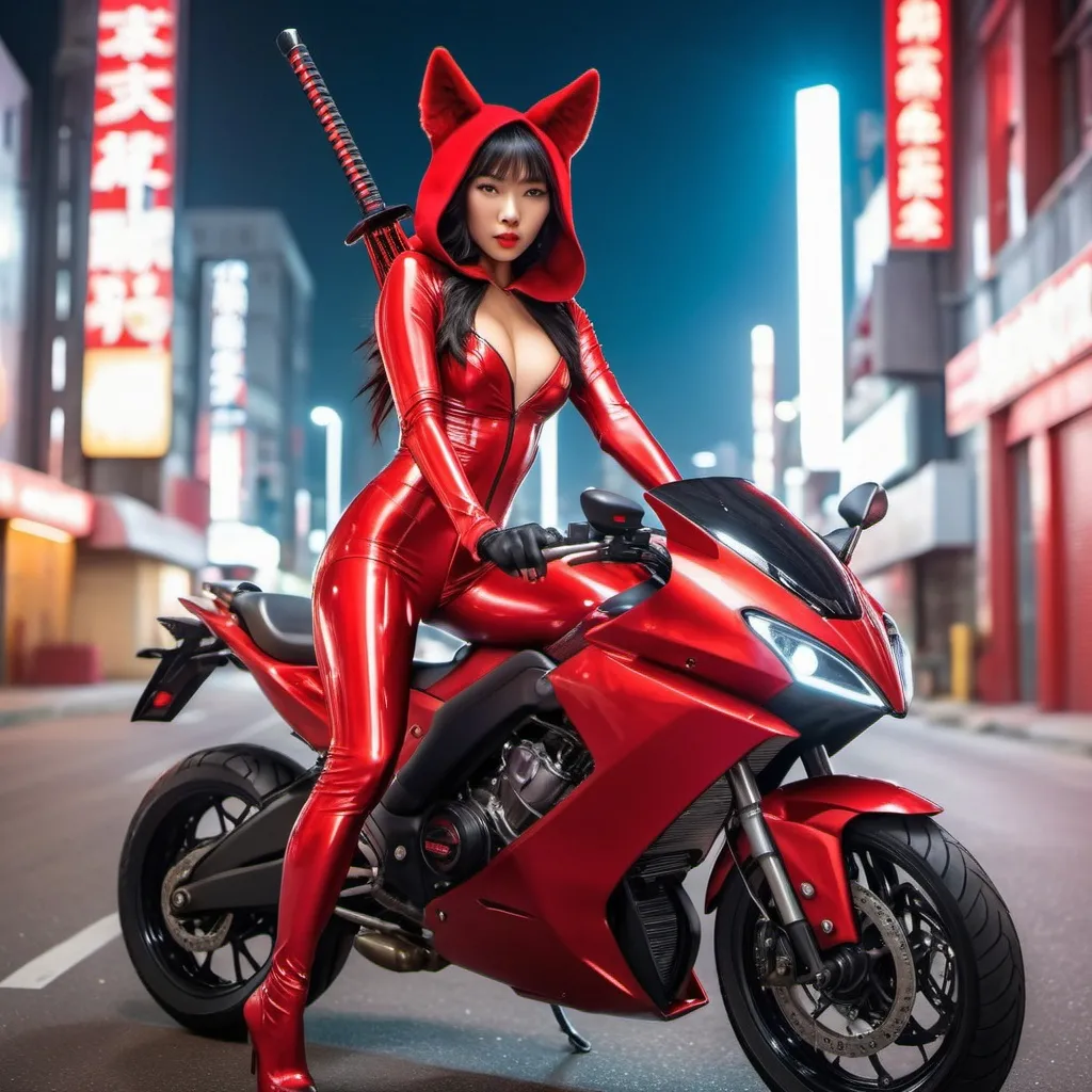 Prompt: futuristic asian red riding hood with a katana while riding a red motorcycle, wearing shiny skin tight latex rubber catsuit, plastic red wolf ears, marvel style, looking at the viewer, brightly lit, scifi dystopian city background