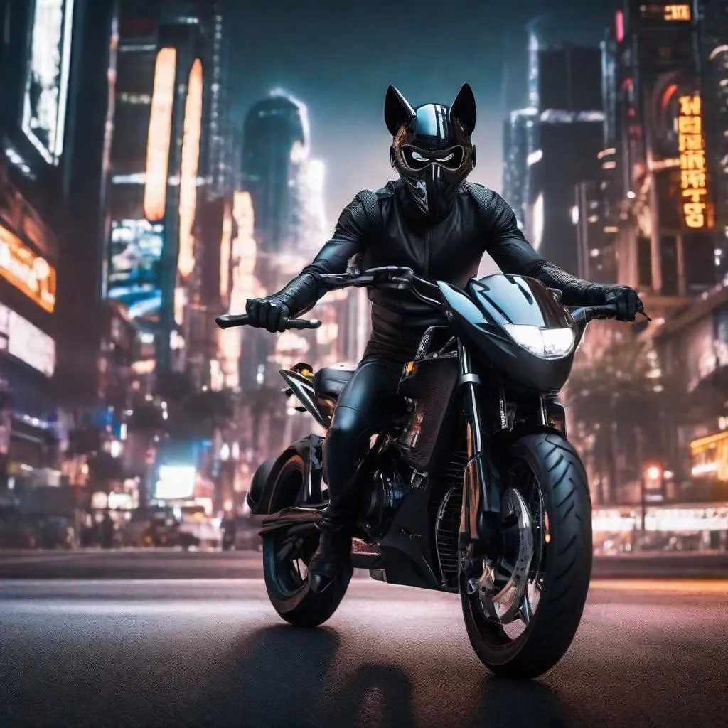 Prompt: futuristic male gimp with black plastic wolf ears with a katana while riding a black motorcycle, wearing shiny skin tight latex rubber catsuit, plastic wolf ears, marvel style, looking at the viewer, brightly lit, scifi dystopian city background