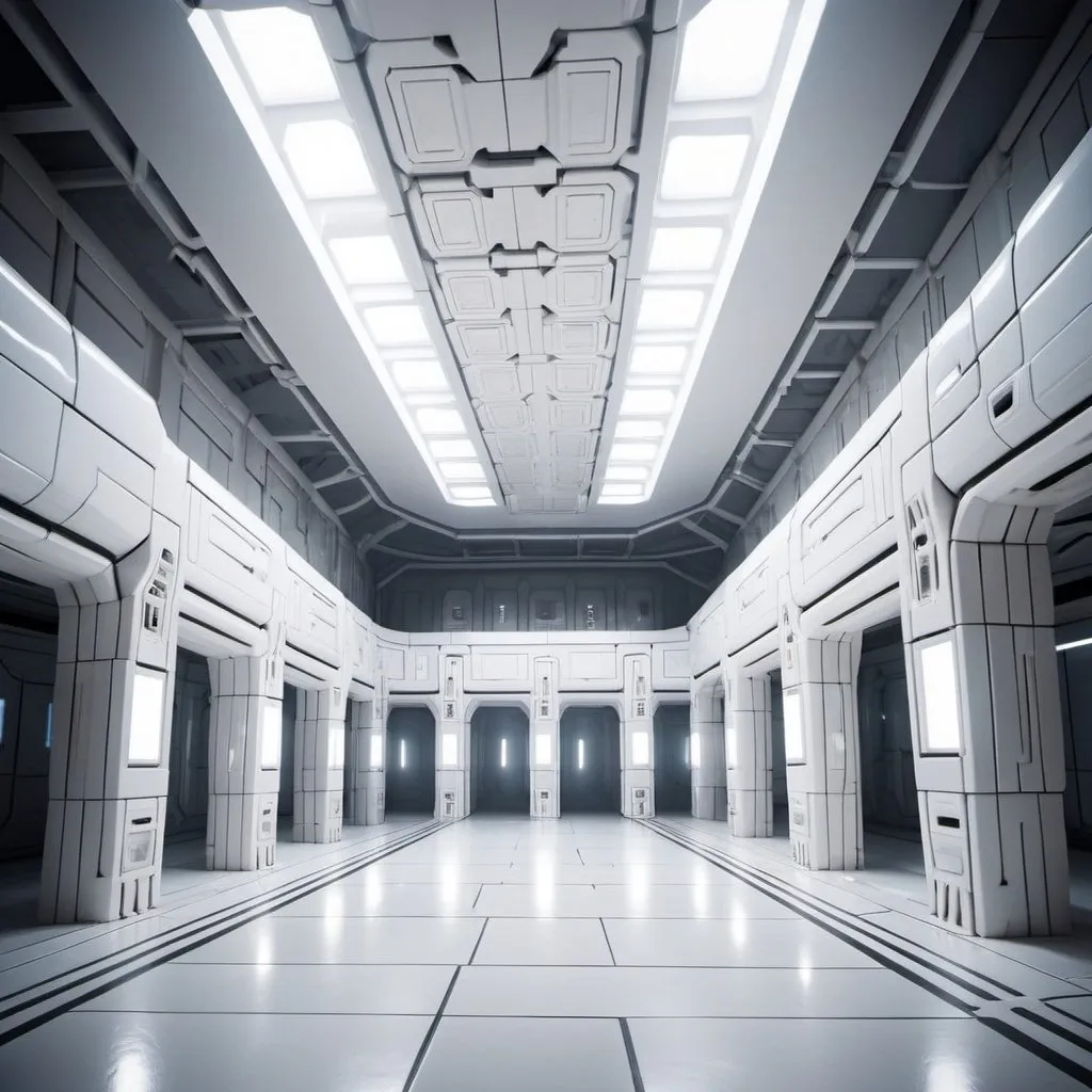 Prompt: an expansive scifi complex of interconnected rooms and corridors. the walls, ceilings, and floors of the level all appear to be constructed from the same white ceramic scifi tile. light is cast from irregular angles. humid climate, spacious liminal space, greek arena.