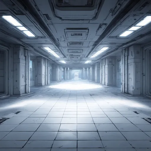 Prompt: an expansive scifi plaza of interconnected rooms and corridors. humid climate, spacious. brightly lit. the walls, ceilings, and floors of the level all appear to be constructed from the same white ceramic scifi tile. light is cast from irregular angles. 