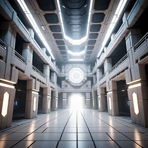 Prompt: an expansive scifi underground plaza of interconnected rooms and corridors. humid climate, spacious, massive gladiator arena. brightly lit. the walls, ceilings, and floors of the level all appear to be constructed from the same white ceramic scifi tile. light is cast from irregular angles. 