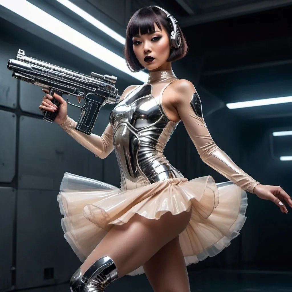 Prompt: Futuristic revealing 40year old Athletic Okinawan ballerina in shiny high cut clothes with sci-fi tactical gear, aiming a chrome sci-fi gun, realistic painting. Twirling ballet. Curvy. Transparent ruffled skirt. Tanned Fair beige skin, Bob cut with bangs, mascara, dark lipstick, fierce makeup.