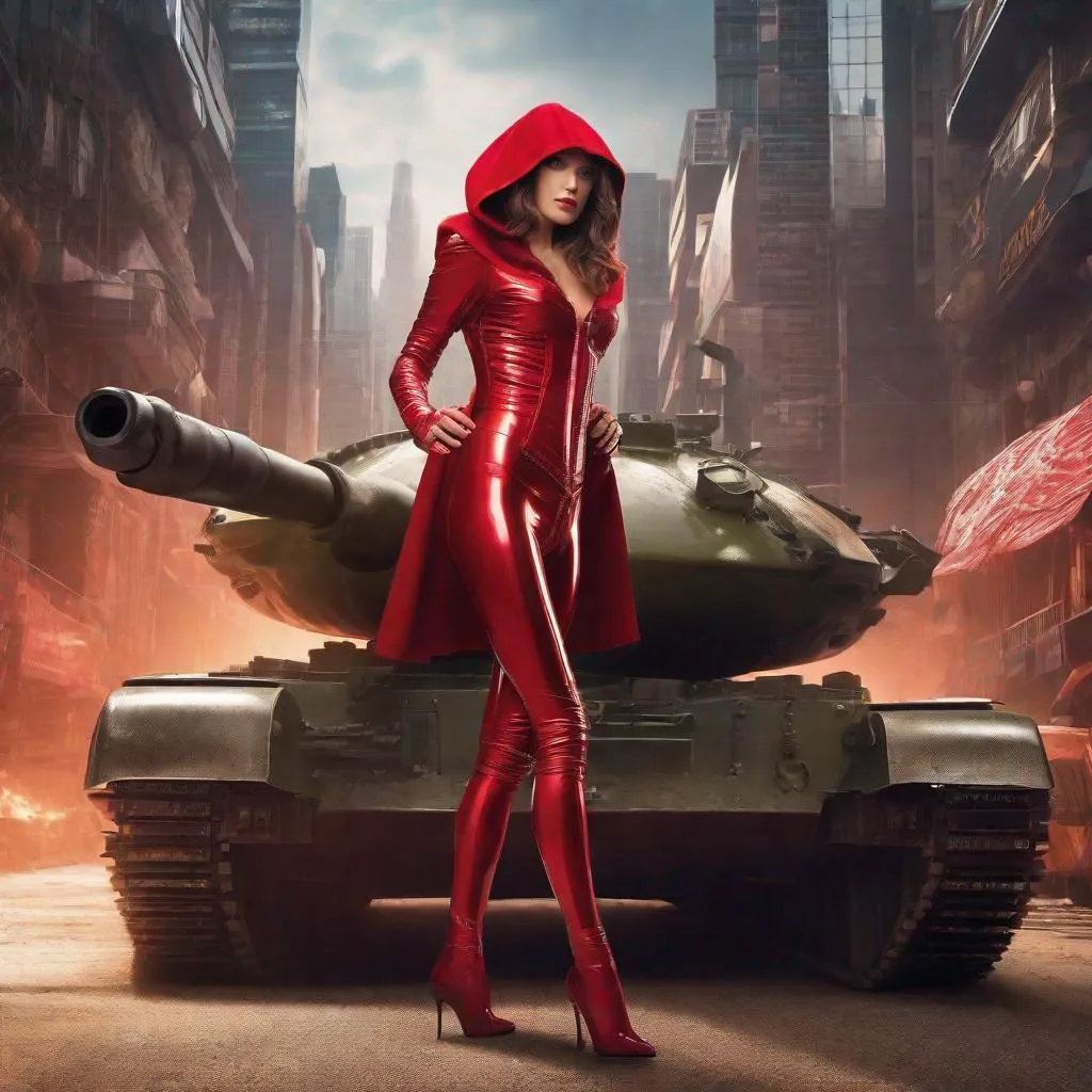 red riding hood driving a tank, wearing shiny latex...