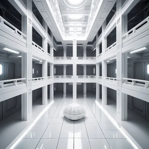 Prompt: background in minimalist shiny white plastic dystopian labyrinth arena dungeon interior spacious scifi massive three story labyrinth arena with anti slip tiles, silver chrome metal gutters on floor, giant barricade shield, thick glass walls and white pillars, far futuristic corporate empire, glossy reflective photorealistic streams of viscous white rivers