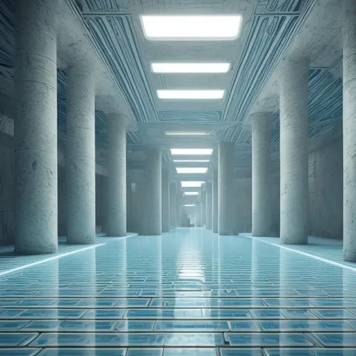 Prompt: an expansive futuristic scifi complex of interconnected rooms and corridors slightly submerged in undulating, lukewarm water, in outer space, night time, eerie vibe. greek style,
The walls, ceilings, and floors of the level all appear to be constructed from the same white ceramic tile, with the only deviation from this color being the blue-green hue of the water. light is cast from irregular angles. a minimal and constant rippling is present in the water covering.  humid climate