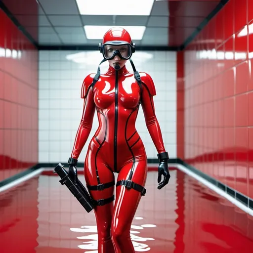 Prompt: scifi female elite commando futuristic soldier wearing shiny skin tight latex plastic bodysuit and shiny webbing while holding glossy plastic black raygun in snorkel with background in minimalist shiny red plastic dystopian labyrinth interior spacious scifi public massive swimming pool with white floor tiles