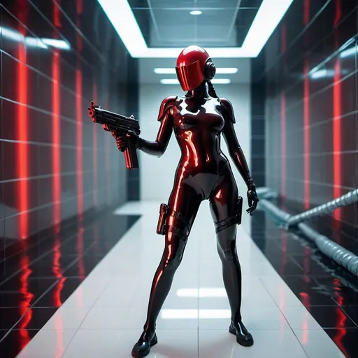 Prompt: scifi female elite commando futuristic soldier wearing shiny skin tight latex plastic bodysuit holding glossy plastic black  laser gun with background in minimalist shiny red plastic dystopian labyrinth interior spacious scifi public massive swimming pool with white floor tiles