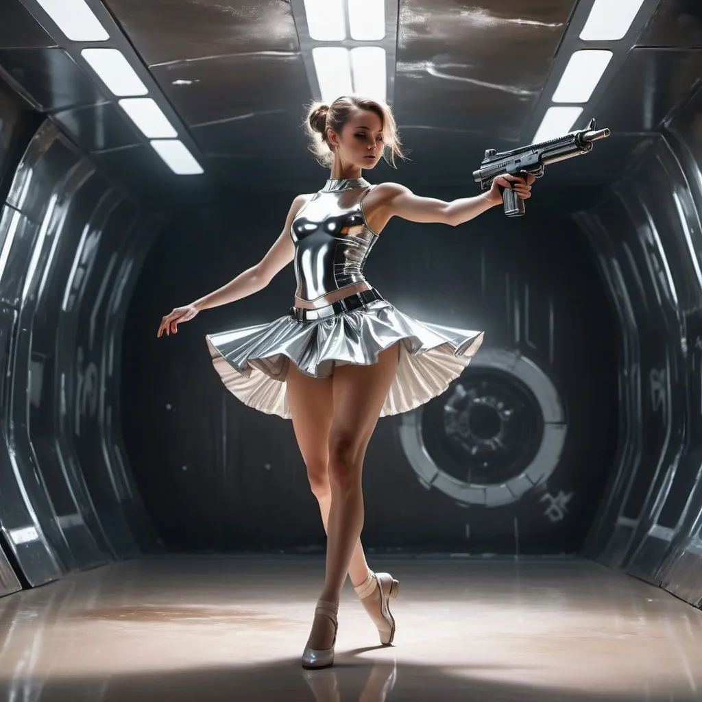 Prompt: Revealing tactical ballerina wearing shiny high cut clothes, dancing and twirling in sci-fi minimalist arena in middle of gunfight with glossy walls, firing her chrome submachine gun. Ruffled shiny mini skirt, Realistic painting.