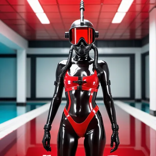 Prompt: scifi female elite commando futuristic soldier wearing shiny skin tight latex plastic bodysuit and shiny body harness webbing while holding black raygun glossy plastic, mouth in snorkel with ,background in minimalist shiny red plastic dystopian labyrinth interior spacious scifi public massive swimming pool with white floor tiles