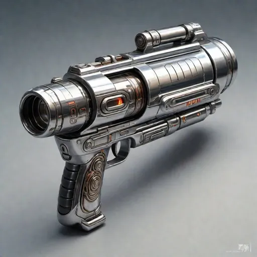 Prompt: High-quality, 1920s japanese (style), realistic digital painting of a futuristic energy blaster, short, round, cylindrical, shiny, stainless, chrome metallic body, all metal, reflective shell, intricate circuitry details, sleek chrome metallic body, energy pulsating, sci-fi, cyberpunk, weapon design, futuristic technology, detailed shadows and highlights, advanced concept art, professional, atmospheric lighting