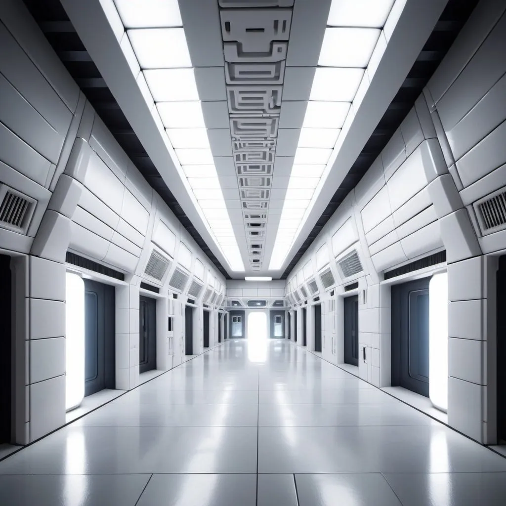 Prompt: an expansive scifi complex of interconnected rooms and corridors. the walls, ceilings, and floors of the level all appear to be constructed from the same white ceramic scifi tile. light is cast from irregular angles. humid climate, spacious liminal space, greek arena.