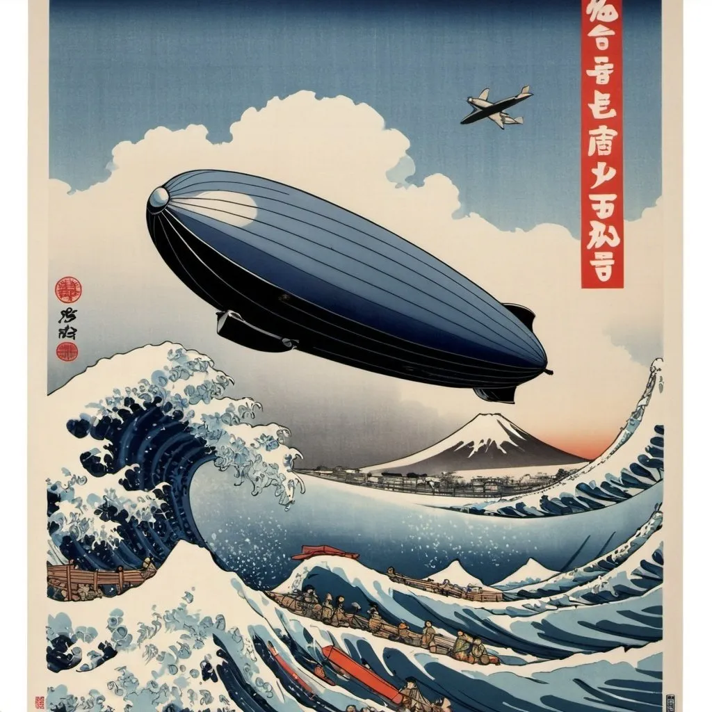 Prompt: a japanese movie poster with a zeppelin on the great wave of Kanagawa. The poster says "KAMAIKAZE SURF JAPAN" in all caps at the bottom in japanese style text.