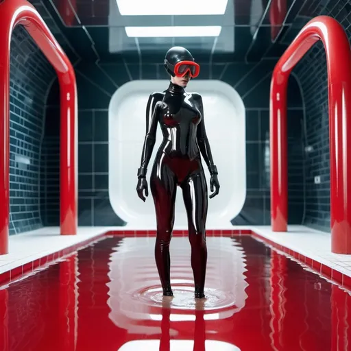 Prompt: scifi female elite commando futuristic soldier wearing shiny skin tight latex plastic bodysuit holding glossy plastic black  raygun in snorkel with background in minimalist shiny red plastic dystopian labyrinth interior spacious scifi public massive swimming pool with white floor tiles