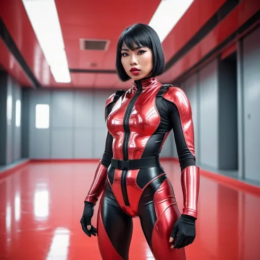 Prompt: scifi thai female elite ninja futuristic muscular Olympic athlete wearing glossy skin tight leather leotard and shiny body harness webbing, wielding light sabre, mouth in snorkel with, drugged eyes, muscular abs, muscular glutes, muscular thighs, pink lipstick, lips, bob cut with bangs and black hair, brown tanned skin, black slant eyes, background in minimalist shiny all red plastic dystopian labyrinth interior spacious scifi massive gymnasium with white floor tiles in far futuristic corporate dystopian setting