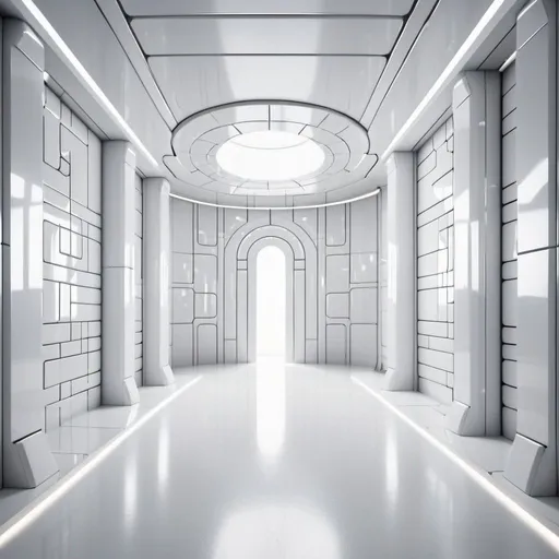 Prompt: background in minimalist shiny white plastic dystopian labyrinth interior spacious scifi massive labyrinth arena with white shower tiles silver chrome trim grouts giant barricade shield, glass walls and white pillars far futuristic corporate empire