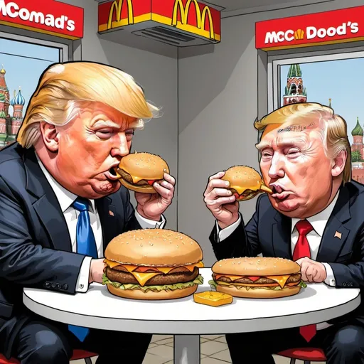 Prompt: newspaper cartoon depicting donald trump and putin eating a mcdonalds cheeseburger surrounded by pigs in Moscow.