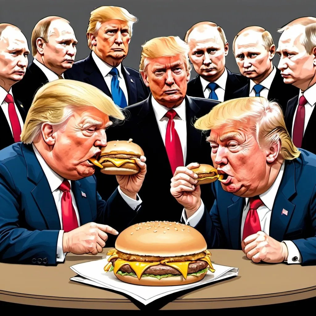 Prompt: newspaper cartoon depicting trump and putin eating mcdonalds cheeseburger while being surrounded by pigs.