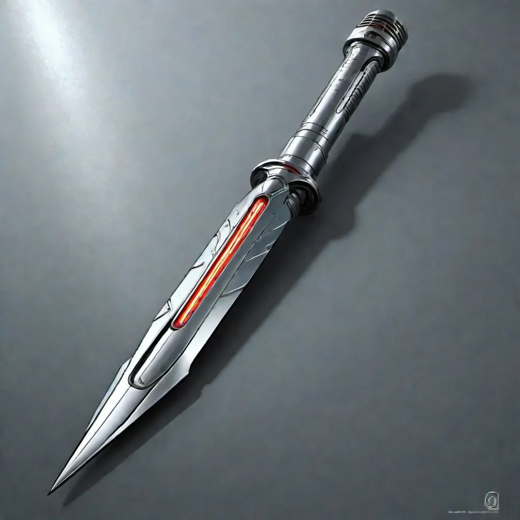 Prompt: High-quality, 1930s german (style), full sized, realistic digital painting of a futuristic energy sabre, pointy, shiny, stainless, chrome metallic body, all metal, reflective shell, intricate circuitry details, sleek chrome metallic body, energy pulsating, sci-fi, cyberpunk, weapon design, futuristic technology, detailed shadows and highlights, advanced concept art, professional, atmospheric lighting