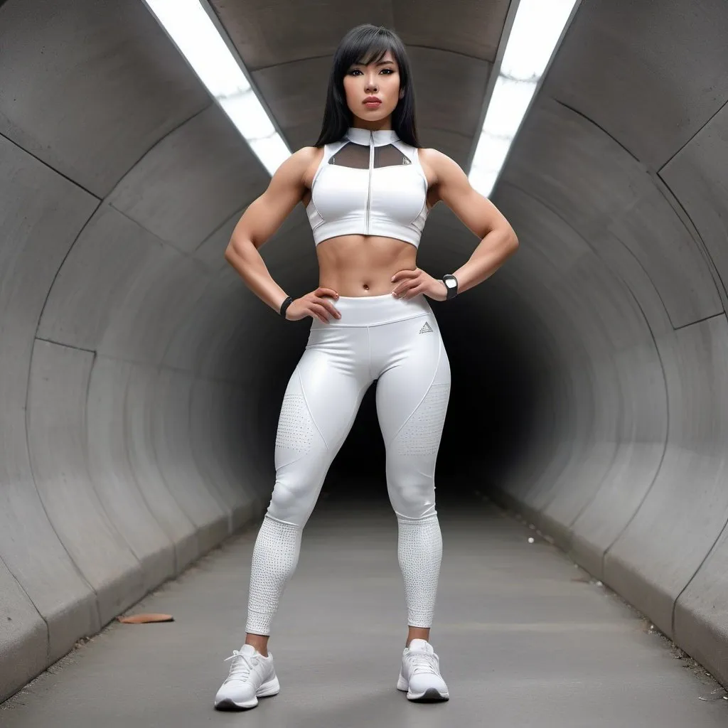 Prompt: full body pose of a scifi Malaysian female Olympic athlete wearing athletic white leather scifi leggings with mesh pattern, white sneakers, muscular abs, muscular glutes, muscular thighs, peach shiny lip gloss, big fat glossy lips, bob cut with bangs and black hair, brown tanned skin, black thin slant eyes with mascara. background in a minimalist grey concrete tunnel, brightly lit, brutalist style.