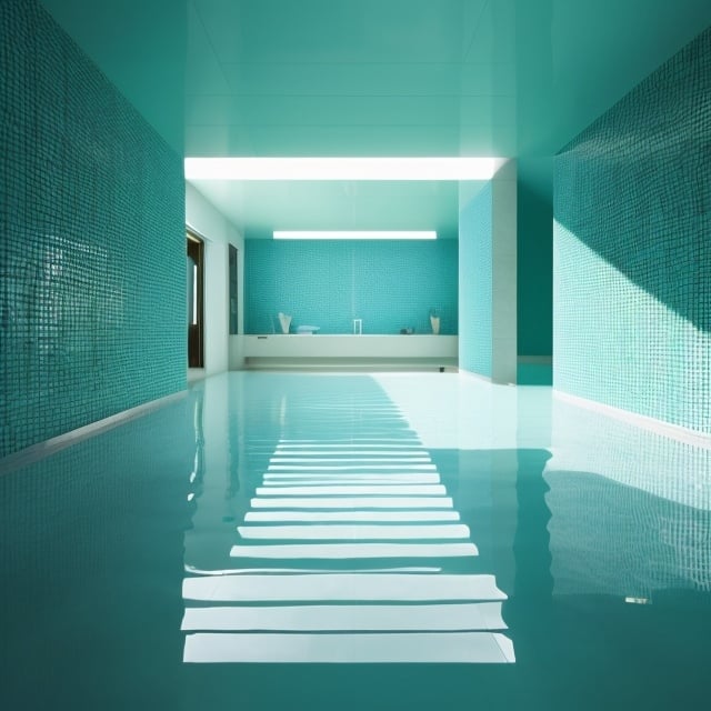 Prompt: an expansive scifi complex of interconnected rooms and corridors slightly submerged in undulating, lukewarm water.
The walls, ceilings, and floors of the level all appear to be constructed from the same white ceramic tile, with the only deviation from this color being the blue-green hue of the water. light is cast from irregular angles. a minimal and constant rippling is present in the water covering.  humid climate