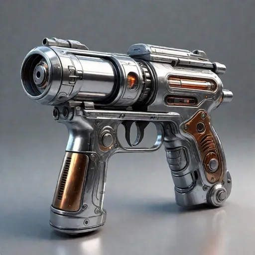 Prompt: High-quality, 1930s (style), realistic digital painting of a futuristic energy blaster, short, round, cylindrical, shiny, stainless, chrome metallic body, all metal, reflective shell, intricate circuitry details, sleek chrome metallic body, energy pulsating, sci-fi, cyberpunk, weapon design, futuristic technology, detailed shadows and highlights, advanced concept art, professional, atmospheric lighting