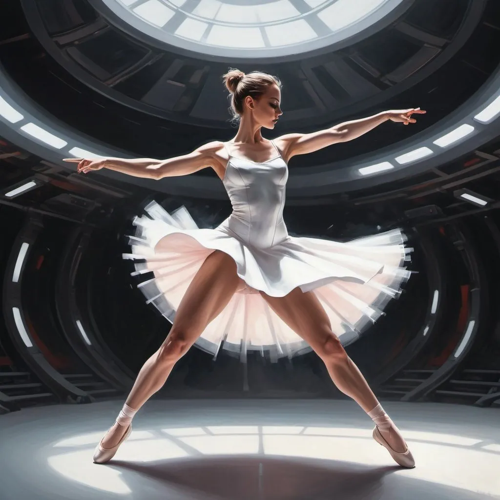 Prompt: Revealing tactical ballerina dancing and twirling in sci-fi minimalist arena firing her guns. Realistic painting.