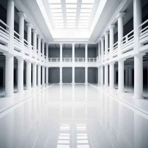 Prompt: background in minimalist shiny white plastic dystopian labyrinth interior spacious scifi massive swimming pool with white crowded floor tiles and white pillars far futuristic corporate empire