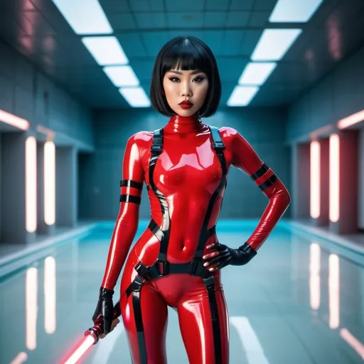 Prompt: scifi asian female elite ninja futuristic athlete wearing shiny skin tight latex plastic olympic bodysuit and shiny body harness webbing while wielding shiny light saber glossy plastic, mouth in snorkel with, drugged eyes, fierce makeup, red lipstick, lips, bob cut with bangs and black hair, dark tanned skin, background in minimalist shiny red plastic dystopian labyrinth interior spacious scifi public massive swimming pool with white floor tiles