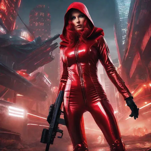 Prompt: red riding hood tank ace commanding a futuristic red tank, holding an assault rifle, wearing shiny skin tight latex rubber catsuit, marvel style, looking at the viewer, brightly lit, scifi dystopian city background