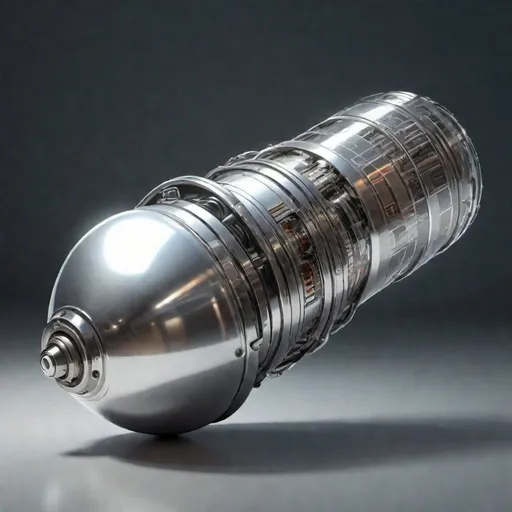 Prompt: High-quality, 1950s, realistic digital painting of a bulb shaped futuristic energy weapon, short, shiny silver chrome metallic body, all metal, reflective shell, intricate circuitry details, sleek chrome metallic body, energy pulsating, sci-fi, cyberpunk, weapon design, futuristic technology, detailed shadows and highlights, advanced concept art, professional, atmospheric lighting
