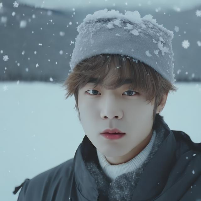 Prompt: kim taehyung full of snow and ice, film