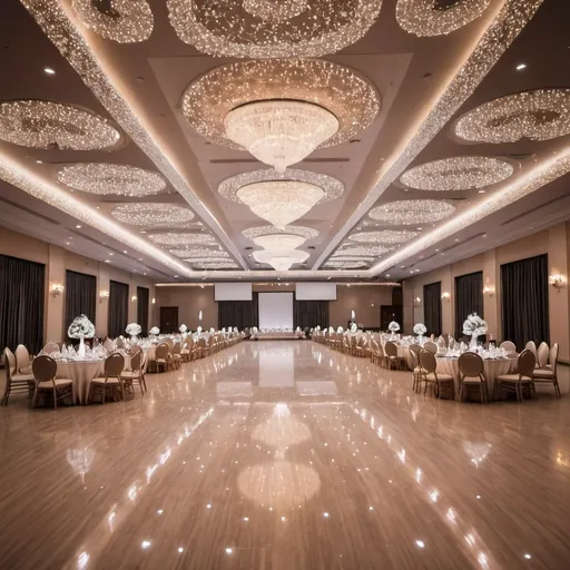 Prompt: Huge banquet Hall with white lights