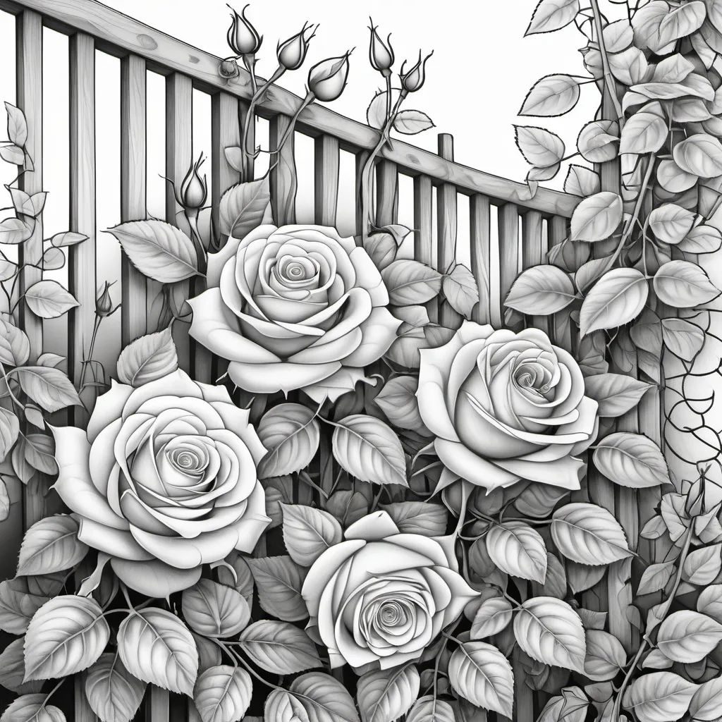 Prompt: natural roses growing up a trellis as a coloring book page