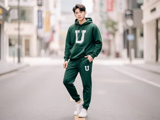 Prompt: A handsome Vietnamese male model around 20 years old, youthful style, wearing the exact outfit: dark green hoodie with a large white “U” on the chest and matching dark green jogger pants with a white “U” on the thigh, paired with clean white sneakers. Street-style fashion photography in a soft, Korean “Seoul street” aesthetic. Natural lighting, clean modern city street background, soft tones, stylish pose suitable for clothing advertisement. The model looks confident and friendly, with a modern trendy vibe.

