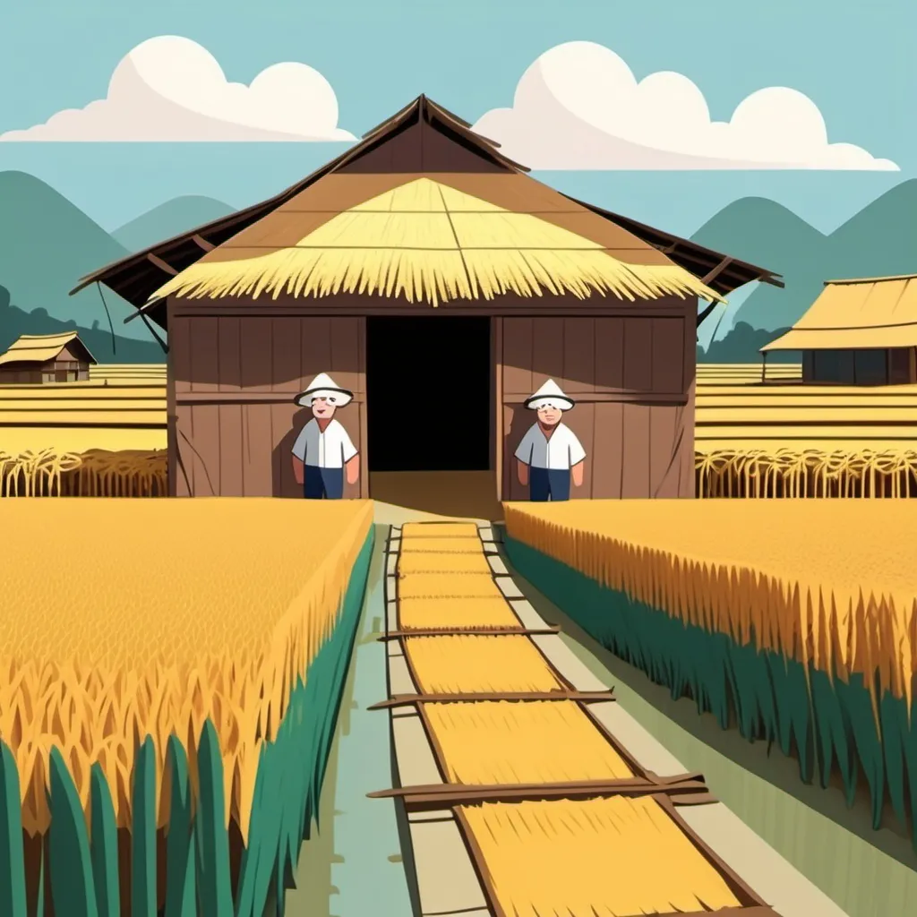 Prompt: Please create a cartoon image of a rice barn in a village being guarded by two villagers