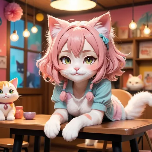 Prompt: anime cat girl not wearing a shirt sitting on a table