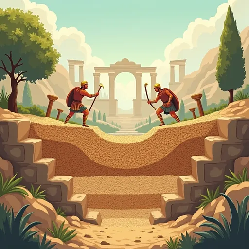 Prompt: Vertical 9:16 educational thumbnail showing ancient Roman road construction. Cutaway view of road layers: large base stones, gravel layer, and top sand or dirt layer. Roman soldiers building the road with tools, in a natural landscape with Roman architecture in the background (columns, arches). Use warm earthy tones (brown, beige, light green). Add bold centered Uzbek text at the top: "Qadimgi Rim yo‘llari qanday qurilgan?" in a classic serif font. Add small decorative silhouettes like Roman columns or soldiers near the bottom corners. Bright, clean composition suitable for a YouTube Shorts or Instagram Reel thumbnail.