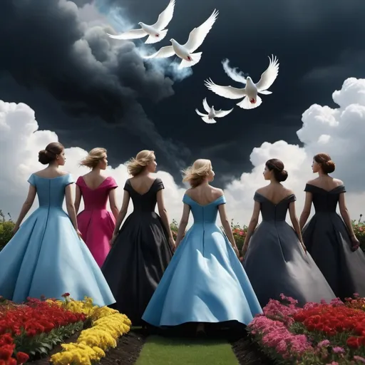 Prompt: 5 women wearing gowns flying dove in clear blue sky  from a flower bed with there backs facing 

above clear blue sky is war like black smoky sky with kets firing 
