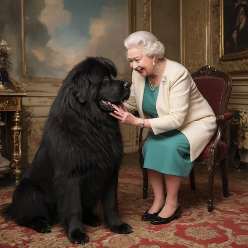 Prompt: Create queen elizabeth 2nd stroking A newfoundland dog
