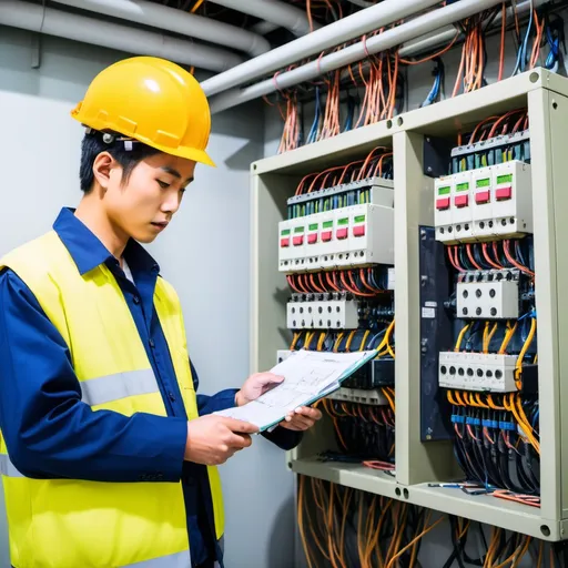 Prompt: asian engineer, inspection on electrical system
