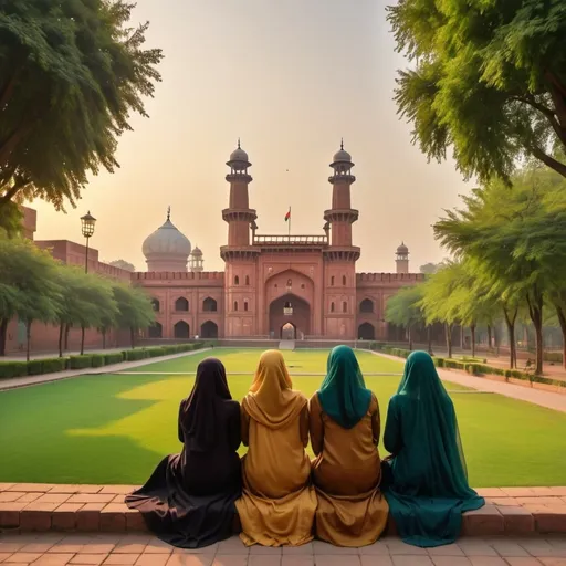 Prompt: lahore nostalgic views
with 4 university pakistani girls with covered head from the back. gcu lahore should be in the picture

