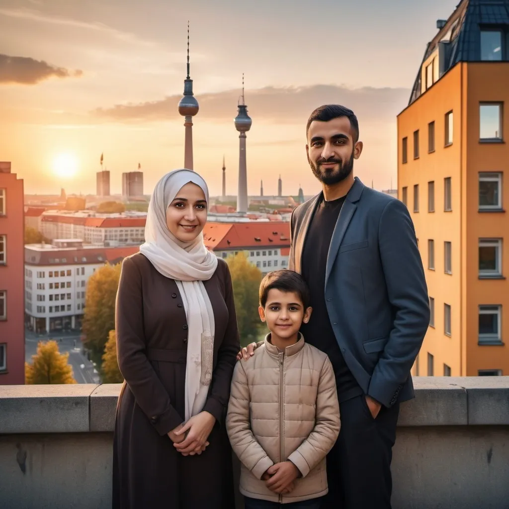 Prompt: berlin with a muslim family mother father same height in 30s and 2 boys one is 8 years and other 6 years. the family should be from back

