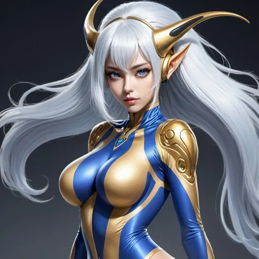 Prompt: blue, big breasted beautiful alien woman, confident, in a gold skin tight racing outfit and stockings posing for a picture, long white hair, eyes are gold colored, she has blue skin with pitch black colored horns,  Chizuko Yoshida, sots art, official art, concept art