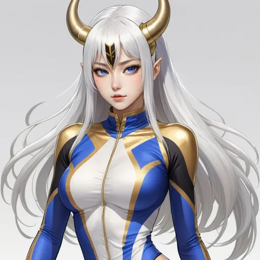 Prompt: a beautiful and blue colored woman in a gold skin tight racing outfit and stockings posing for a picture and long white hair and black horns and gold iris and eyes,  Chizuko Yoshida, sots art, official art, concept art, 