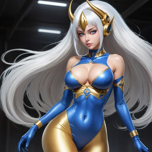 Prompt: blue colored skin, big breasted beautiful alien woman, confident, in a gold skin tight racing outfit and stockings posing for a picture, long white hair, eyes are gold colored, she has blue skin with pitch black colored horns,  Chizuko Yoshida, sots art, official art, concept art