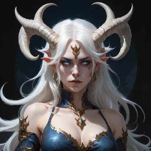 Prompt: a woman with white hair and horns standing in the dark with a white demon track like outfit on her chest and a demon like head, her skin is deep blue, her eyes are golden with no pupil or iris, Artgerm, fantasy art, epic fantasy character art, a detailed painting
